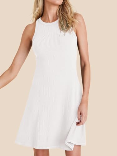 Image of Wenrine Womens Summer Casual Tank Dress Ribbed Knit Sleeveless Crewneck A Line Mini Dresses