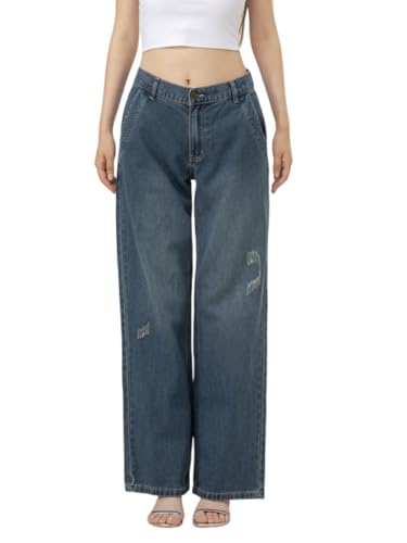 Women's Vintage Oversized Loose Fit Denim Pants, 90s High Waisted Jeans with Pockets