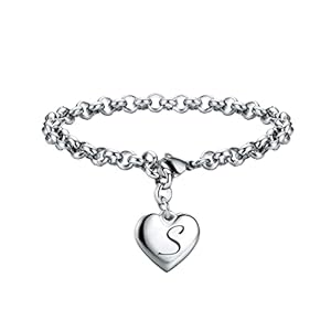 SANNYRA Charms Bracelets for Women, Heart Charm Initial Bracelet Trendy, 26 Letters Stainless Steel Jewelry Confirmation Gifts for Christmas Birthday
