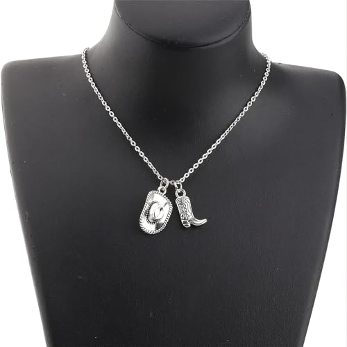 Cowgirl Cowboy Boot Hat Pendant Necklace Silver Plated Boho Personalized Texas Boots Adjustable Chain Necklace for Cool Men Western Style Country Women Birthday Party Fashion Jewelry Gifts3