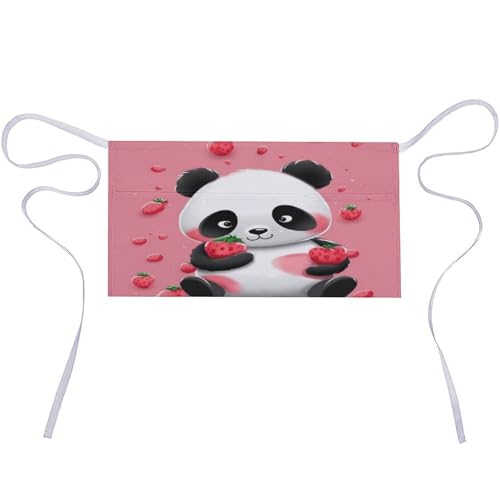 FekiLoot Cartoon Strawberry Panda Server Apron with 3 Pockets, Waterproof Half Apron for Waiters Fashion Bistro Aprons for Restaurant Server Work