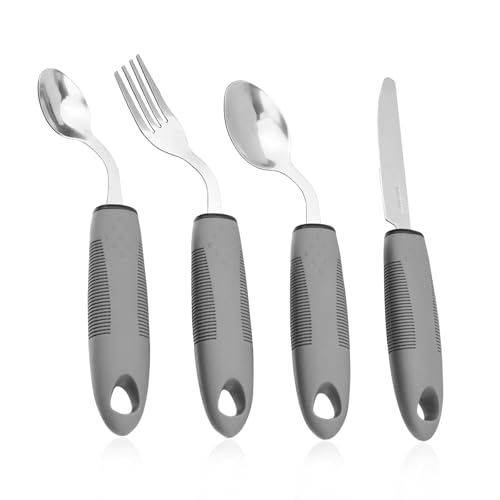 Adaptive Utensils Set, 42° Angled 4pcs Parkinsons Utensils, Weighted Silverware for Hand Tremors, Elderly, Arthritis, Parkinsons, Adaptive Equipment–Easy Grip Aids Handle, Handicap Accessories
