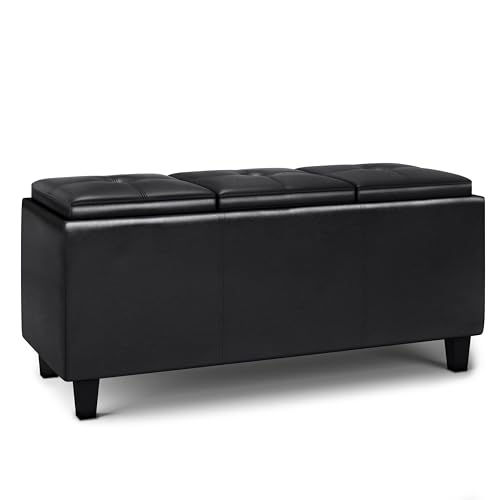 SIMPLIHOME Avalon 42 inch Wide Contemporary Rectangle Tray Storage Ottoman with Lift Up Lids in Midnight Black Vegan Faux Leather, Assembled, for the Living Room, Entryway and Family Room