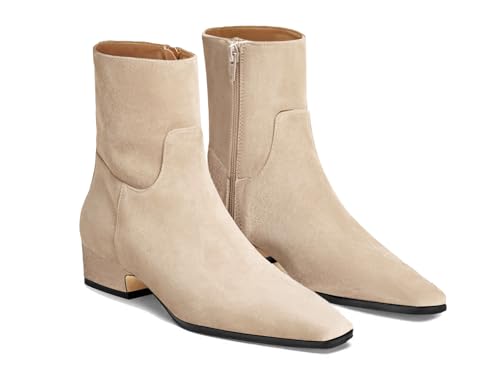 Coutgo Womens Booties Low Heel Ankle Boots Square Pointed Toe Chunky Heel Side Zipper Dressy Fall Boots Shoes, Nude, Size 9