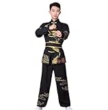 Tai Chi Uniform Men Women Embroidered Dragon Kung Fu Suit Tai chi Wushu Uniform Outdoor Sport Long Sleeve Jacket Pants Sets(Black,Height 120CM)