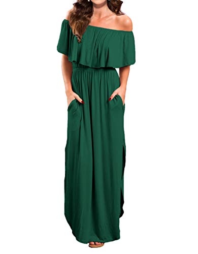VERABENDI Women's Off Shoulder Summer Casual Long Ruffle Beach Maxi Dress with Pockets X-Large Dark Green