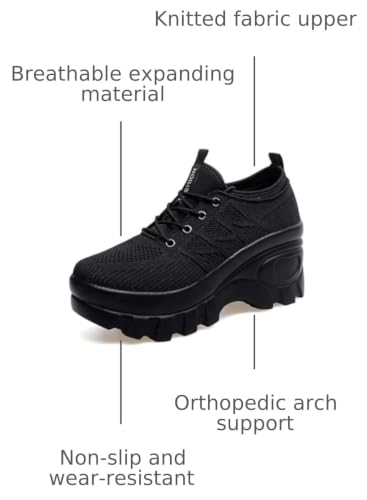 Image of Women's Chunky Platform Comfort Orthopedic Wedge Walking Shoes Fashion Knitted Breathable Lace Up Lug Sole Casual Non-Slip Running Shoes with Arch Support