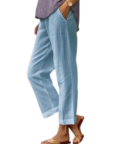 2025 New Women's Summer Linen-Cotton Pants Elastic Waist Straight Leg Cropped - Side Pocket Design