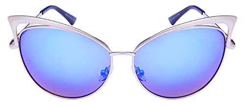 Fashion Oversized Metal Cat Eye Sunglasses Color Mirror & Gradient Lens for Women UV400 Protection (Matte Silver Frame/Blue white mirrored lens, 62)