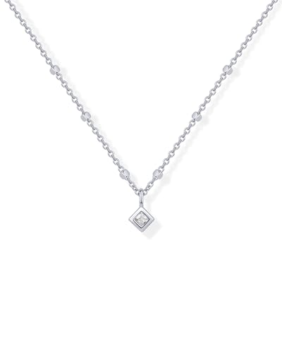 PAVOI Rhodium Plated Princess Cut Cubic Zirconia Pendant Necklace for Women | Dainty Square Beaded...