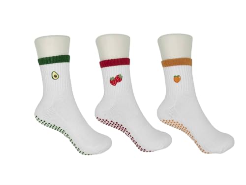 Cute Non-Slip Crew Socks with Embroidered Design - Anti-Skid Yoga, Pilates, Lagree, Barre, Dance - Socks with Grips