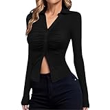 JOAU Womens Button Down Shirts V Neck Collared Ruched Slim Fit Long Sleeve Cropped Top Casual Fashion Y2K Going Out Blouse Black