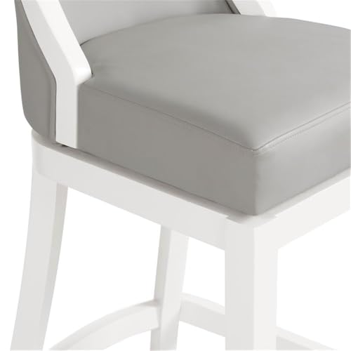 Image of Ellie Bar Height Stool with Backrest - Light Gray Upholstered Seat, White Rubberwood Frame, 360 Memory Return Swivel, and Metal Kick Plate - Modern Kitchen & Home Bar Seating by Alaterre Furniture