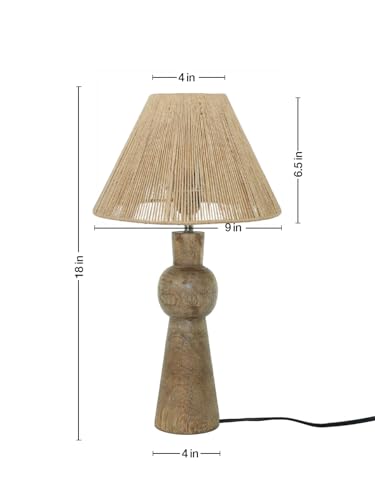 Image of Green Girgit Wooden Skirt Brown Table Lamp with Taper Dori Shade, Bedside Night Lamp with Printed Shade, Modern LED Ambient Lighting, E27 Bulb Compatible, Corded Electric, 6.5X9X18 inches