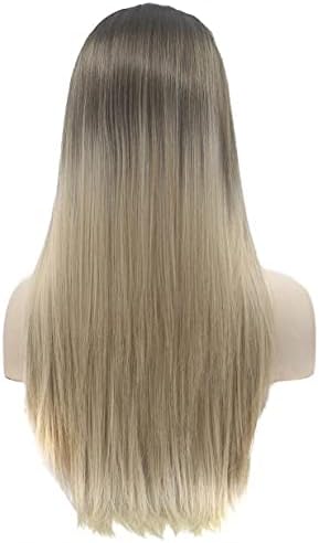 Xiweiya Green mixed Black Blonde Lace Front Wig Synthetic Multi-color 13x3 Lace Front Wig Long Straight Glueless Wig Side Part Wigs Heat Resistant Fiber for Women 24inch - Image 5