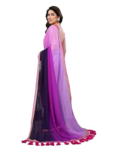 Image of RAJESHWAR FASHION WITH RF Women's Fancy Desian Ombre Georgette Saree For Women With Latkan Tassels Lace Border & Unstitched Blouse
