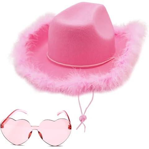 4E's Novelty Pink Cowboy Hat with Feathers with Heart Shaped Sunglasses for Women, Felt Pink Cowgirl Hat for Party Costume Dress Up Cover