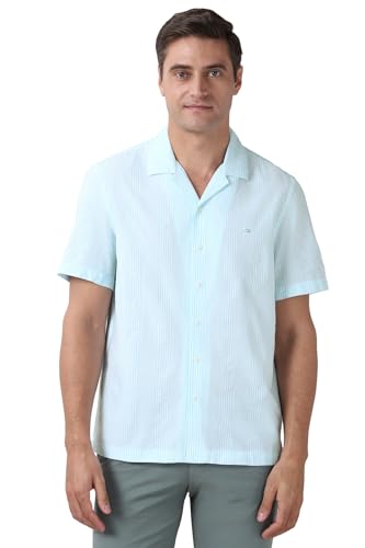 Image of Peter England Men's Casual Half Sleeve Resort Collar Shirt in 100% Cotton Seersucker with Striped Design