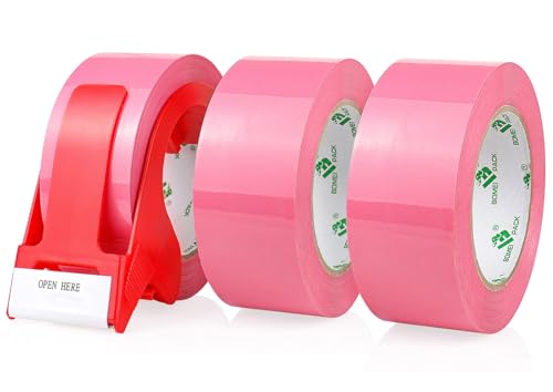 BOMEI PACK Pink Packing Tape with Dispenser, 2.6 Mil 1.88 Inch x 110 Yards, 3 Refills Rolls Color Pink Box Tape for Moving, Shipping and Packaging