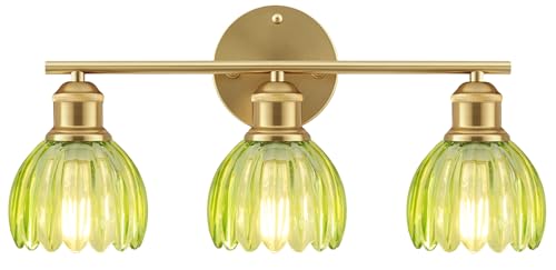Image of Bathroom Light Fixtures, 3-Light Brushed Gold Vanity Lights for Bathroom with Green Tulip Glass Shade, 20 inch Vintage Bathroom Vanity Lighting Fixtures Over Mirror for Bedroom Living Room Hallway