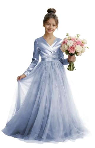 KIDSOR Long Sleeve V Neck Flower Girl Pleated Satin Dresses Empire Waist Pageant Birthday Party Dusty Blue Pleated Fall Winter Dress for Girls Size 6