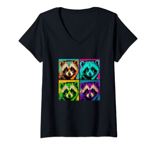 Mujer Mapache perro Pop Art Design Ilustración colorido Animal Hombres Camiseta Cuello V