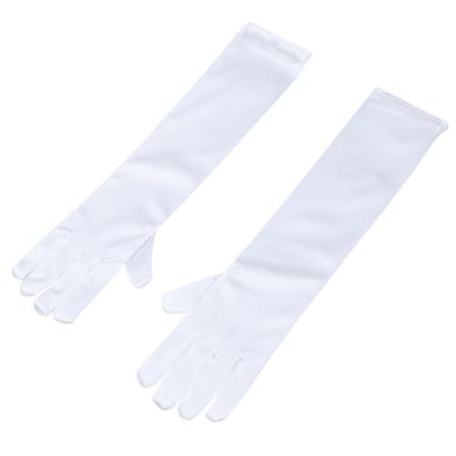BESPORTBLE 1 Pair Flower Girl Long Gloves Elegant Satin Pearl Decor Dress Gloves for Wedding Evening Party White for Baptism Prom Pageant and More