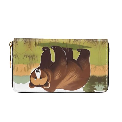 TYUMHBrown bear walking Leather long clutch wallet with 12 card slots and 3 full pockets for cash, designed for fashionable women.2
