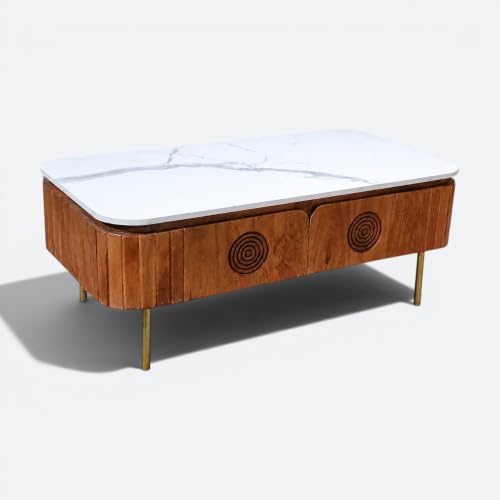 Image of Solid Wood Mandala Coffee Table with Sintered Stone Top for Living Room | Dark Teak Finish Lacquered | 115 cm (W) x 60 cm (D) x 45 cm (H)