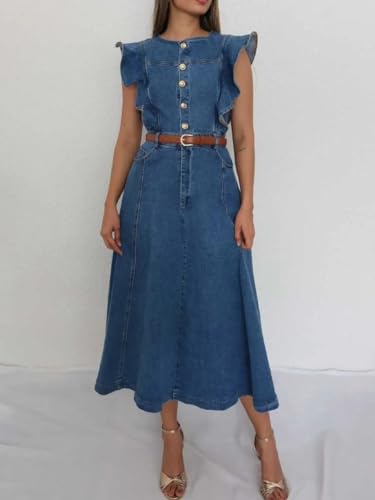 utcoco Denim Dress for Women 2025 Sleeveless Half Button Ruffle A Line Midi Jean Dresses (No Belt)2