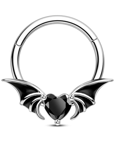 CM Crareesi Mania Black Septum Rings Bat Septum Piercing Jewelry 316L Stainless Daith Earrings Helix Cartilage Piercing Jewelry 16G Black Heart CZ Septum Ring