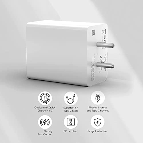 Image of 10W to 65W Charger for Vivo Y21T / Y 21 T Charger Original Adapter Like Qualcomm QC 4.0 Quick Dash Warp Dart Flash Super Vooc Fast Charger With 1.2 Meter Type C USB Data Cable (5V=4A /10V=6.5A, TMV1, White)