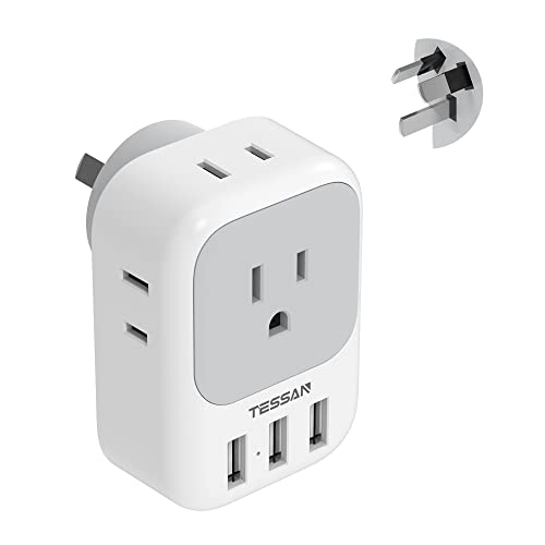 TESSAN Australia Power Plug Adapter, US to New Zealand Power Adapter with 4 American Outlets 3 USB Charger, Type I Travel Adaptor for USA to Australian, China, AU, Argentina, Fiji, Cook Isla