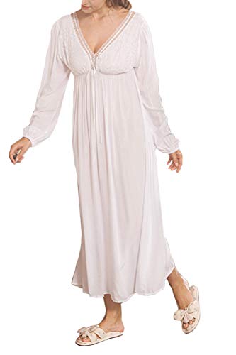 Women's Nightgown Cotton V-Neck Pajama Nightwear Long Sleeve Vintage Sleepwear Lounge Dress (US S = Asian Tag M, White 3)