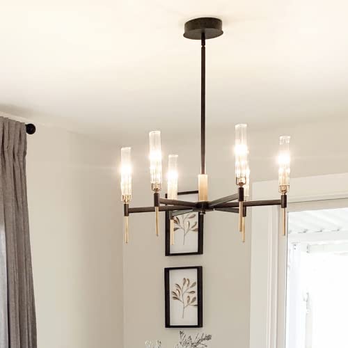 Maxim 16125Clbkab Flambeau Collection I 14 Inch Six Light Dimmable Adjustable Height Led Glass Cylinder Chandelier - Black And Antique Brass Finish I 3000K I Modern Contemporary Light Fixture I #TOP5