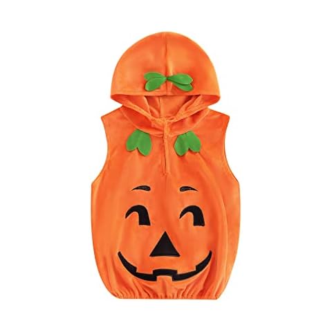 Newborn Baby Girl Boy Halloween Outfit Sleeveless Hoodie Romper Pumpkin Bodysuit Jumpsuit Halloween Costumes (Orange, 18-24 Months) Cover