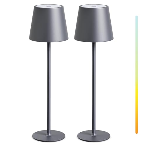 MALUX LED Tischlampe Kabellos 2 Stück Touch Dimmbare 2700K-4000K Metall IP44 Wasserdicht USB-C Aufladung 8-15h Akkulaufzeit Tischleuchte für Garten Esstisch Schlafzimmer Balkon Hotel (Grau)