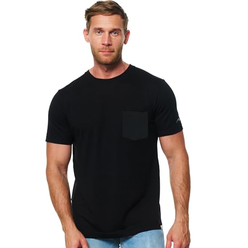Merino Wool T-Shirt Mens - Short Sleeve Merino Wool Shirts for Men Sport Lightweight Thermal Base Layer Hiking Tshirt Pocket (Large, Black Pocket Shirt)
