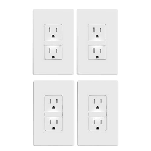 Image of ELEGRP Decorative Outlet Night Light, Electrical Wall Outlets with Built in Led Guidelight 6000K, Tamper Resistant Receptacle, 15 Amp 125 Volt, Plate Cover Included, Matte White, 4 Pack