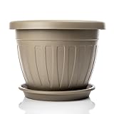 BigDean 50cm Blumentopf mit Untersetzer rund Mocca - wetterfester Pflanzkübel - Wasserablauf UV-beständig aus bruchsicherem Kunststoff - Innen + Außen geeignet - Made in Europe