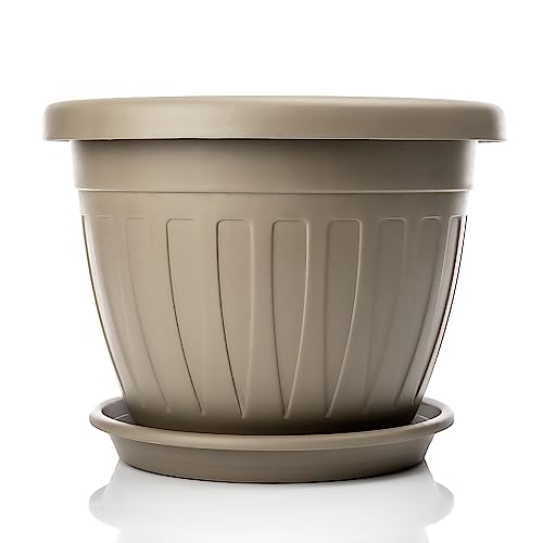 BigDean 40cm Blumentopf mit Untersetzer rund Mocca - wetterfester Pflanzkübel - Wasserablauf UV-besâ€¦ – Miniatur