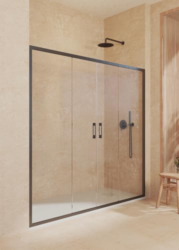 Mampara de ducha frontal 2 correderas + 2 fijos, con perfil inferior, Vidrio de seguridad 6mm antical, 159 a 163cm x 195cm alto, Negro mate