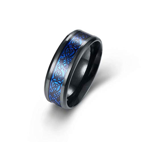 Hewayiu 8mm Dragon Blue Celtic Stainless Steel Ring Mens Black Wedding Band Polished Comfort Fit Size 9