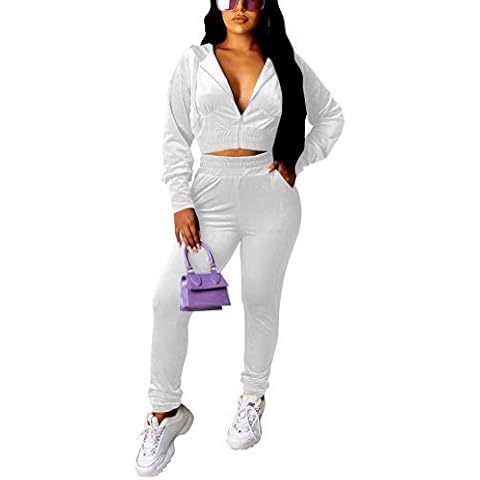 THLAI Women 2 Piece Outfits Solid Color Velour Zip Hoodie Sweatshirt and Long Pants Sweatsuit Velour Jogging Suit Sport Suits - - XX-Large Cover