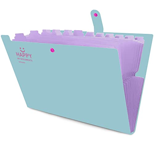 Expanding File Folder, File Organiser, A4 File Folder, High Capacity, Easy to Carry, with Buckle Closure and 12 Compartments, for Home, Office and School Use (Green)