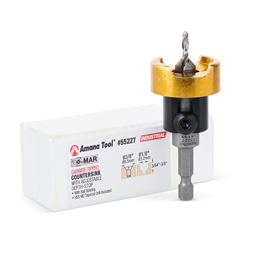 Amana Tool 55227 Carbide Tipped Countersink with No Burning and No Marring Adjustable Depth Stop with No-Thrust BB, 3/8 D x 1/8 Drill D x 1/4 Inch Quick Release Hex SHK