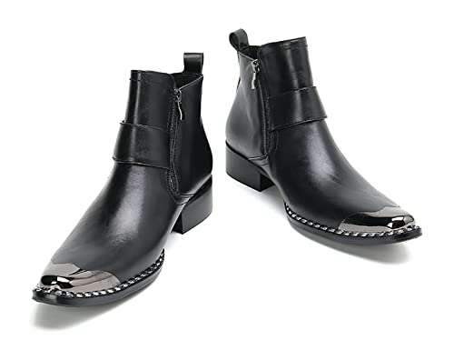 Santimon Men's Ankle Chukka Genuine Leather Metal Pointed-Toe Zipper Fashion Retro Dress Formal Chelsea Boots Black 7.5 Us #TOP3