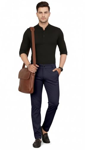 Image of Mehrang Men's Slim Fit Casual Mid Rise Trousers, Cotton Blend, Side Pockets || Classic Slim Fit Chino Pants || Business Casual Dress Trousers