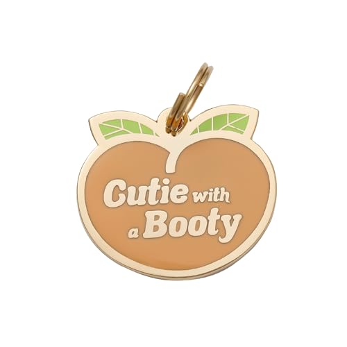 Two Tails Pet Company Personalized 'Cutie with a Booty' Pet ID Tag - Custom Engraved Dog Tags for Pets - Fun Brass, Gold Plating