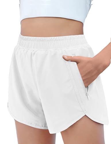 Zaclotre Girls Athletic Shorts with Zipper Pockets High Waisted Running Shorts Soccer Gym Sports Active Short for Kids White